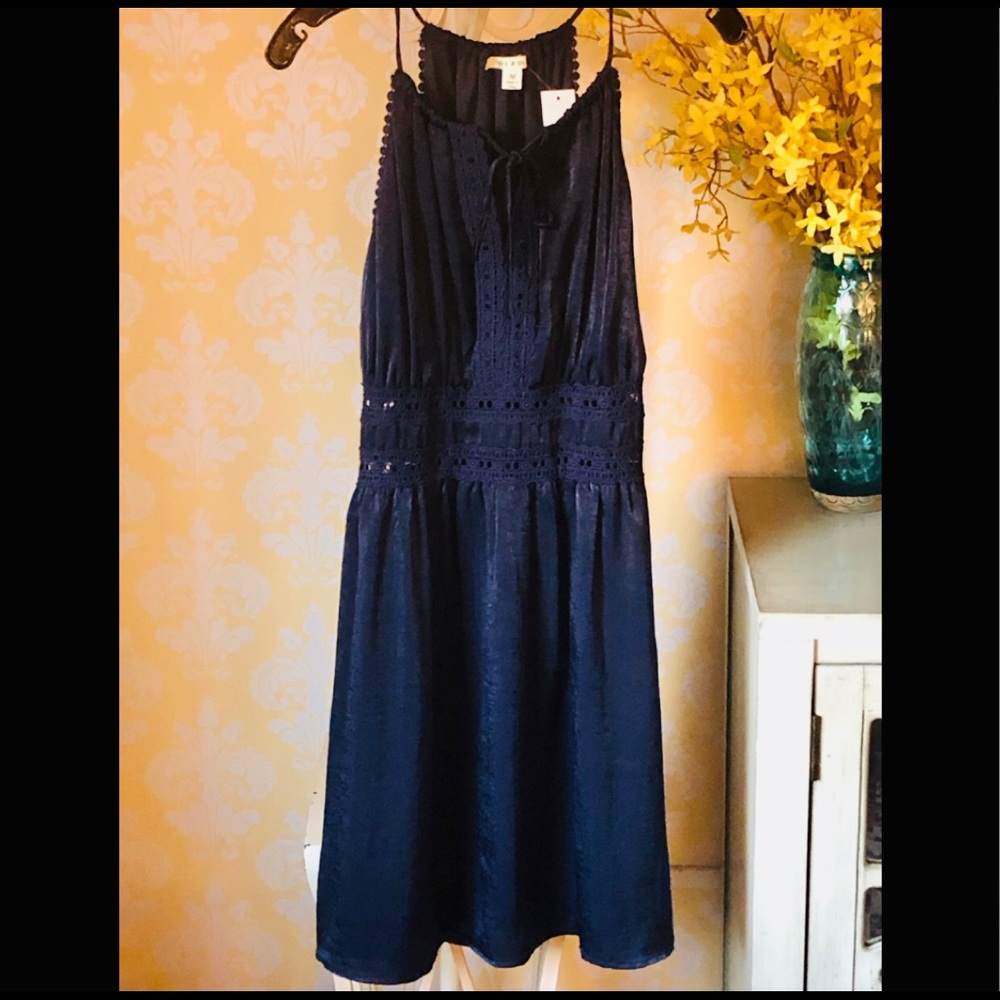 Blue silk and embroidery detailed dress